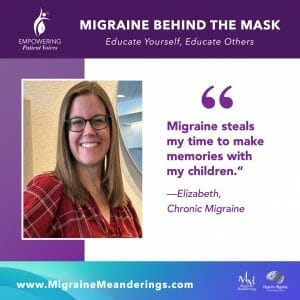 Woman with blonde hair wearing red shirt and wearing glasses, alongside a quote that reads "Migraine steals my time to make memories with my children."